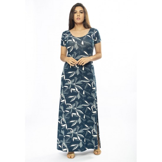 Vestido Longo Malha Gola Canoa Manga Curta Estampa Hibisco Blue