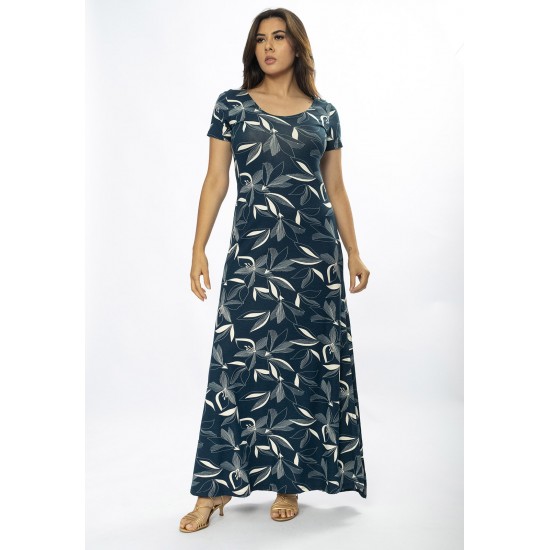 Vestido Longo Malha Gola Canoa Manga Curta Estampa Hibisco Blue