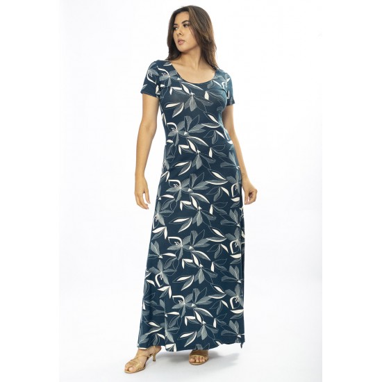 Vestido Longo Malha Gola Canoa Manga Curta Estampa Hibisco Blue