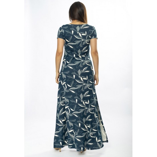 Vestido Longo Malha Gola Canoa Manga Curta Estampa Hibisco Blue