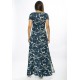 Vestido Longo Malha Gola Canoa Manga Curta Estampa Hibisco Blue