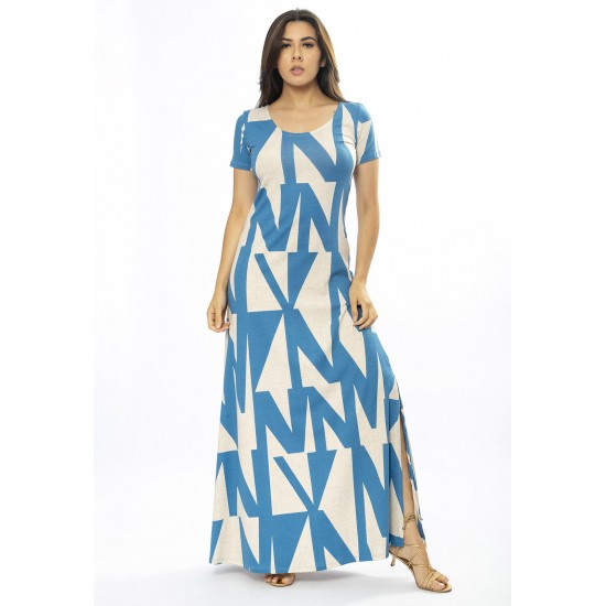 Vestido Longo Malha Gola Canoa Manga Curta Estampa Geometric Blue