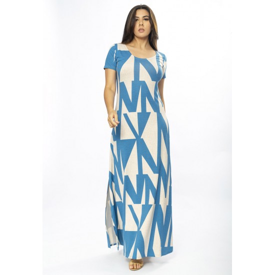 Vestido Longo Malha Gola Canoa Manga Curta Estampa Geometric Blue