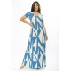 Vestido Longo Malha Gola Canoa Manga Curta Estampa Geometric Blue