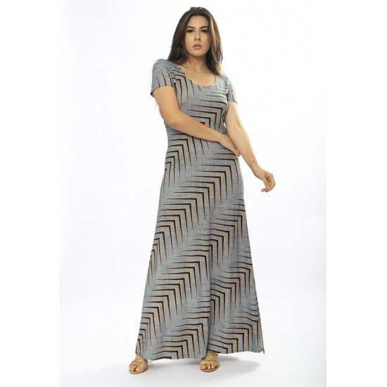 Vestido Longo Malha Gola Canoa Manga Curta Estampa Murici