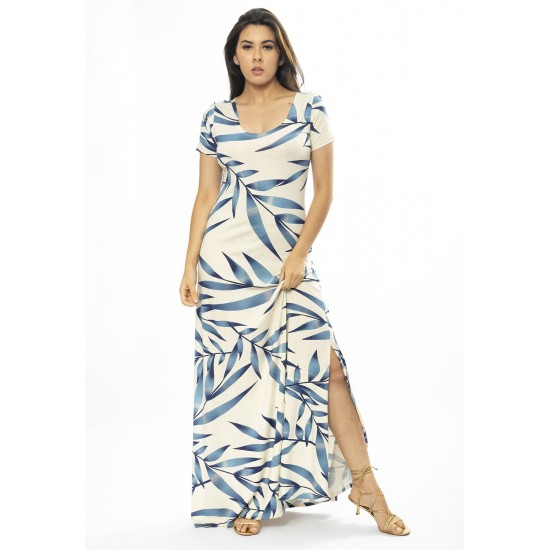 Vestido Longo Malha Gola Canoa Manga Curta Estampa Bambu Azul