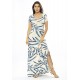Vestido Longo Malha Gola Canoa Manga Curta Estampa Bambu Azul