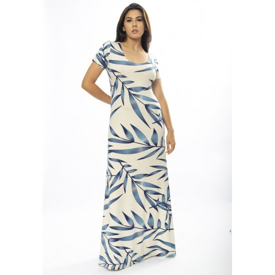 Vestido Longo Malha Gola Canoa Manga Curta Estampa Bambu Azul