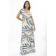 Vestido Longo Malha Gola Canoa Manga Curta Estampa Bambu Azul