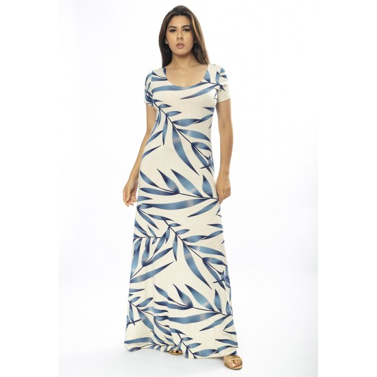 Vestido Longo Malha Gola Canoa Manga Curta Estampa Bambu Azul