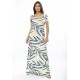 Vestido Longo Malha Gola Canoa Manga Curta Estampa Bambu Azul