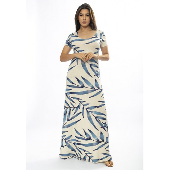 Vestido Longo Malha Gola Canoa Manga Curta Estampa Bambu Azul
