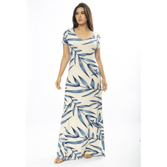 Vestido Longo Malha Gola Canoa Manga Curta Estampa Bambu Azul