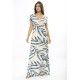 Vestido Longo Malha Gola Canoa Manga Curta Estampa Bambu Azul