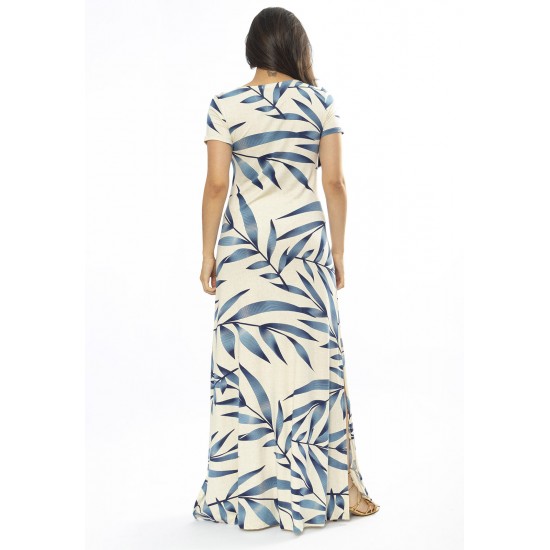 Vestido Longo Malha Gola Canoa Manga Curta Estampa Bambu Azul