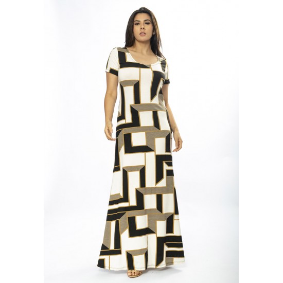 Vestido Longo Malha Gola Canoa Manga Curta Estampa Igaci