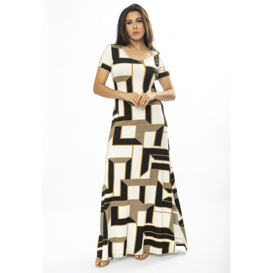 Vestido Longo Malha Gola Canoa Manga Curta Estampa Igaci