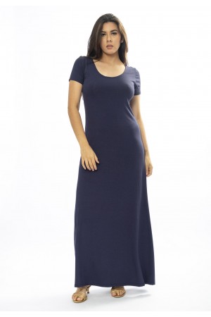 Vestido Longo Malha Gola Canoa Manga Curta Azul Marinho