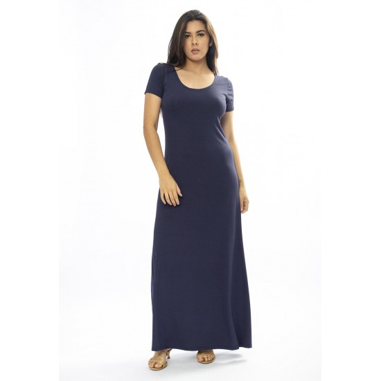 Vestido Longo Malha Gola Canoa Manga Curta Azul Marinho