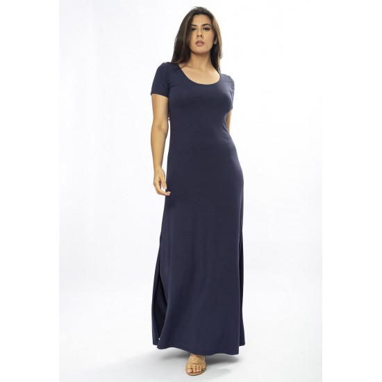 Vestido Longo Malha Gola Canoa Manga Curta Azul Marinho