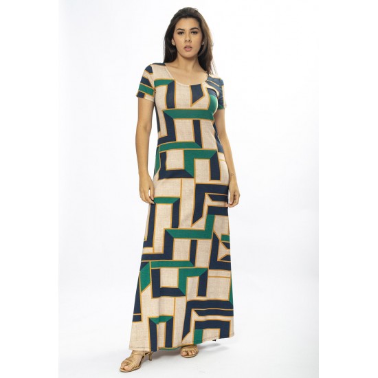 Vestido Longo Malha Gola Canoa Manga Curta Estampa Chapada de Areia