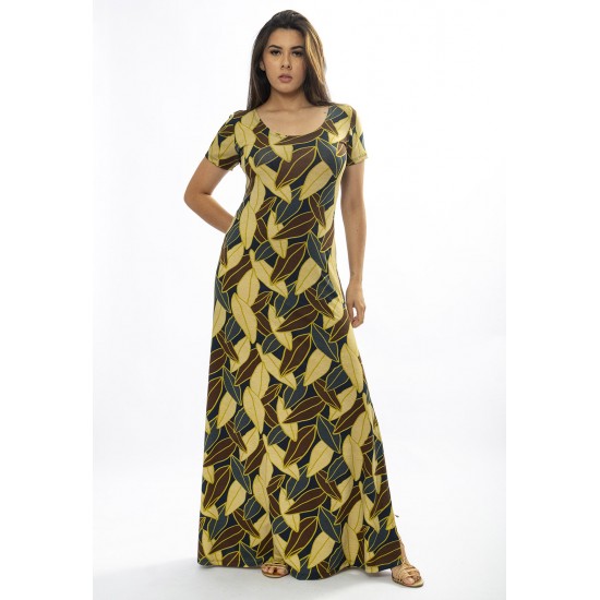 Vestido Longo Malha Gola Canoa Manga Curta Estampa Folhas de Outono