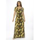 Vestido Longo Malha Gola Canoa Manga Curta Estampa Folhas de Outono