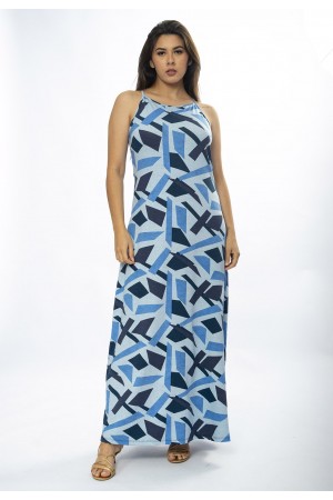 Vestido Longo Malha Trapézio Estampa Caminhos de Azul