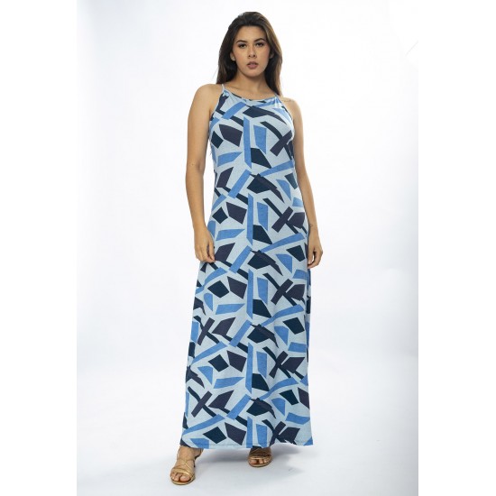 Vestido Longo Malha Trapézio Estampa Caminhos de Azul