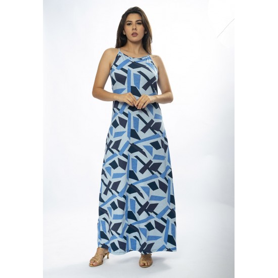 Vestido Longo Malha Trapézio Estampa Caminhos de Azul