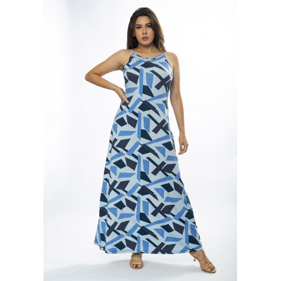 Vestido Longo Malha Trapézio Estampa Caminhos de Azul