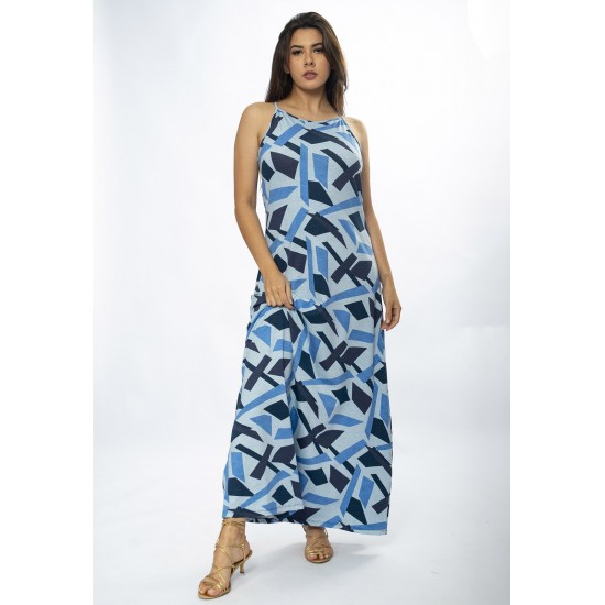 Vestido Longo Malha Trapézio Estampa Caminhos de Azul