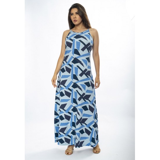 Vestido Longo Malha Trapézio Estampa Caminhos de Azul