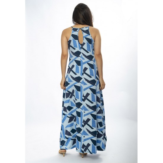 Vestido Longo Malha Trapézio Estampa Caminhos de Azul
