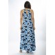 Vestido Longo Malha Trapézio Estampa Caminhos de Azul