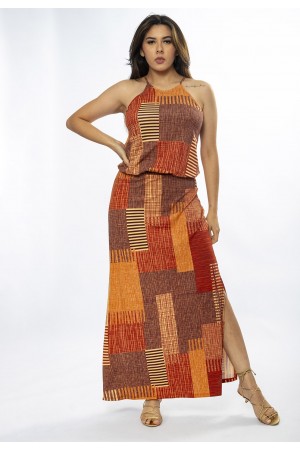 Vestido Longo Malha Trapézio com Elástico na Cintura Tramas do Sol