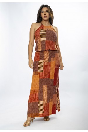 Vestido Longo Malha Trapézio com Elástico na Cintura Tramas do Sol