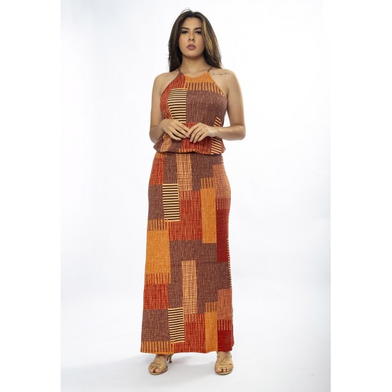 Vestido Longo Malha Trapézio com Elástico na Cintura Tramas do Sol
