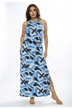 Vestido Longo Malha Trapézio com Elástico na Cintura Caminhos de Azul