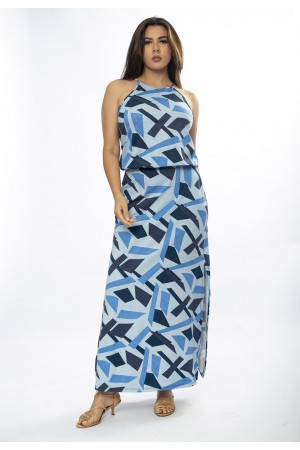Vestido Longo Malha Trapézio com Elástico na Cintura Caminhos de Azul
