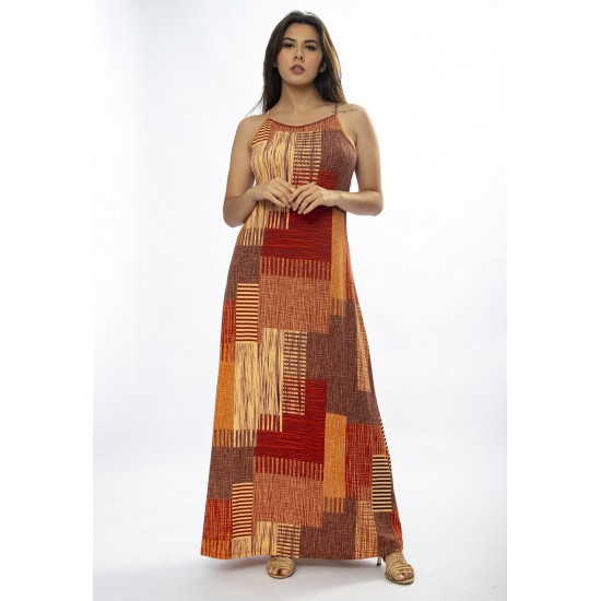 Vestido Longo Malha Trapézio Estampa Tramas do Sol