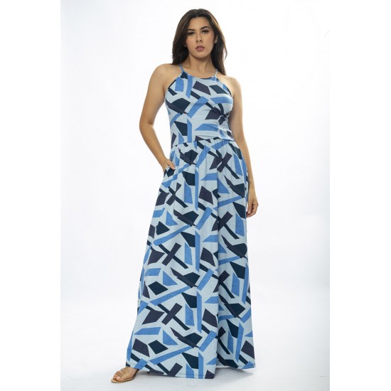 Vestido Longo Jennifer Malha Trapézio com Bolso Caminhos de Azul