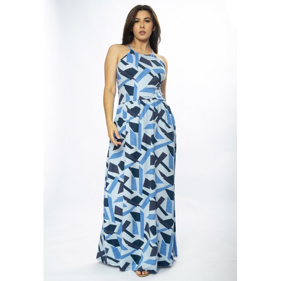 Vestido Longo Jennifer Malha Trapézio com Bolso Caminhos de Azul