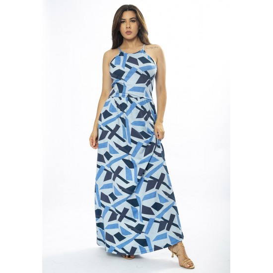 Vestido Longo Jennifer Malha Trapézio com Bolso Caminhos de Azul