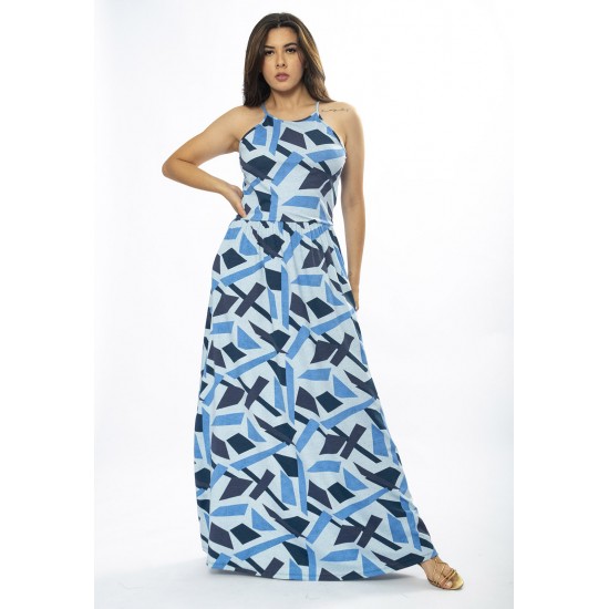 Vestido Longo Jennifer Malha Trapézio com Bolso Caminhos de Azul