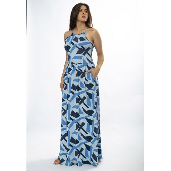 Vestido Longo Jennifer Malha Trapézio com Bolso Caminhos de Azul