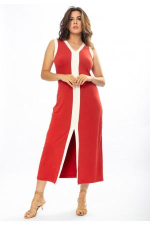 Vestido Midi Fenda Frontal Color Block Terracota