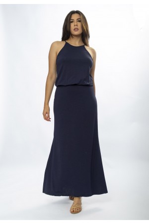 Vestido Longo Malha Trapézio com Elástico na Cintura Azul Marinho