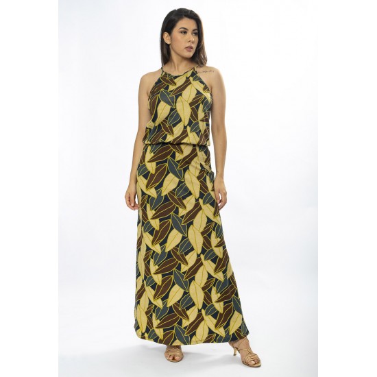 Vestido Longo Malha Trapézio com Elástico na Cintura Folhas de Outono