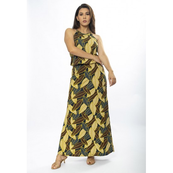 Vestido Longo Malha Trapézio com Elástico na Cintura Folhas de Outono